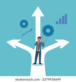 Business Decision Concept, Vektorgrafik. Geschäftsmann an der Kreuzung mit drei Pfeilen und Richtungen. Vektorgrafik.
