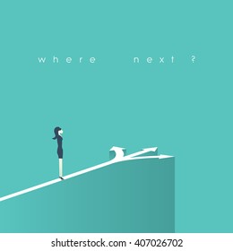 Business decision concept vector illustration. Businesswoman standing on the crossroads with three arrows and directions. Eps10 vector illustration.