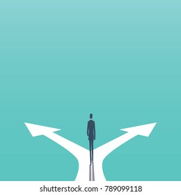Business decision concept vector illustration. Businessman standing on the crossroads with two arrows and directions. Eps10 vector illustration.