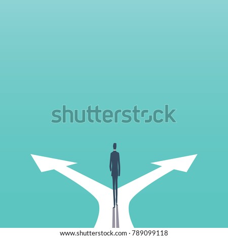 Business decision concept vector illustration. Businessman standing on the crossroads with two arrows and directions. Eps10 vector illustration.