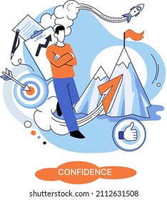 Business decision confidence concept illustration with businessman standing in front of upward arrow. Active businessman doing his choice, makes decisions for success, way to top to reach goal