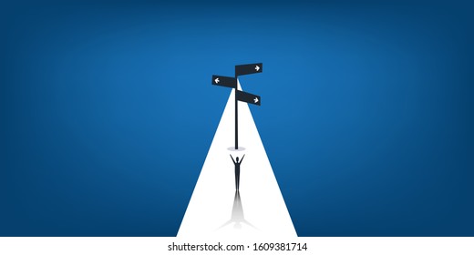 Business Decision Design Concept with Crossroads, Successful Company Leader and a Road Sign - Eps10 Vector Illustration