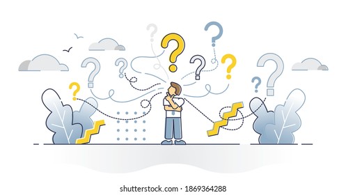 Business Decision Doubt As Question Marks Around Solutions Outline Concept. Company Path In Unclear Future With Different Various Strategies Vector Illustration. Think About Complicated Work Scenario.