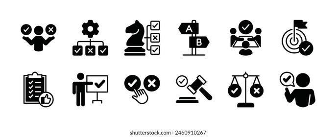 Business decision icon set. Containing choice, arrow, meeting, option, advice, strategy, opportunity, direction, plan, checklist, choose, goal, solution, career, success, legal hammer, law vector