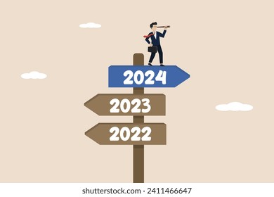 Business decision making 2024, new career path, work direction or leadership to choose the right way to success 2024 concept, smart businessman looking for success path 2024 using a telescope.