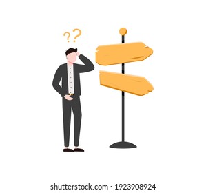 Business decision making, career path, work direction or choose the right way to success concept, confusing businessman looking at multiple road sign with question mark and thinking which way to go.