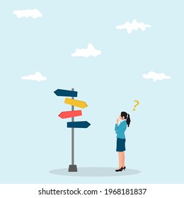Business decision making, career path, work direction or choose the right way to success concept, confusing business woman looking at multiple road sign with question mark and thinking which way to go