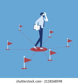 Business decision making, career path, work direction or choose the right way to success, businessman looking at multiple route with flag and thinking which way to go