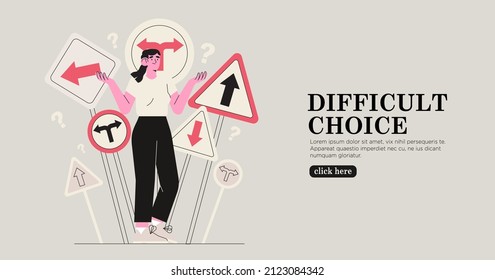 Business decision making, career path, work direction or choose the right way to success concept, confusing woman or student looking at multiple road sign with question mark and think which way to go.