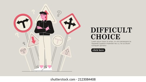 Business decision making, career path, work direction or choose the right way to success concept, confusing man or student looking at multiple road sign with question mark and think which way to go.