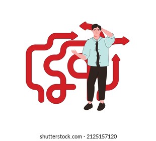 Business decision making, career path, work direction or choose the right way to success concept, confusing man or student looking at crossroad sign with question mark and think which way to go.