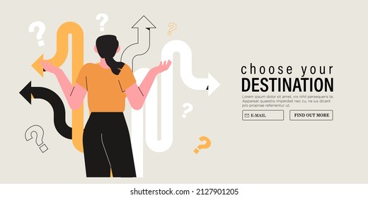 Business decision making, career path, work direction or choose the right way to success concept, confusing woman or student looking at crossroad sign with question mark and think which way to go.