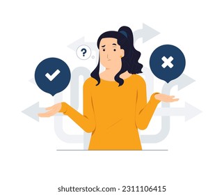 Business decision making, career path, work direction, dilemma, choose, undecided. confusing woman looking at crossroad sign with question mark and think which way to success concept illustration