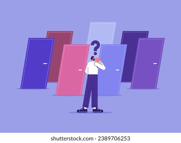 Business decision making, career path, work direction or choose the right way to success concept, businessman standing in front of multiple colorful doors and finding right way