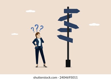 Business decision making, career path, work direction or leadership to choose the right way to success concept, confused businessman manager looking at many road signs and thinking where to go