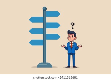 Business decision making, career path, work direction or leadership to choose the right way to success concept, confusing businessman manager looking at multiple road sign and thinking which way to go