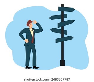 toma de decisiones empresariales trayectoria profesional dirección de trabajo o hombre de negocios de pie en una encrucijada y buscando señales de dirección flechas en difícil elección concepto y puesta en marcha