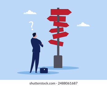 Business decision making, career path, work direction or choose the right way to success concept, confusing businessman looking at multiple road sign with question mark and thinking which way to go.