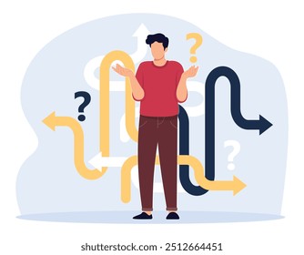 Business decision making, career path, work direction or choose the right way to success concept. Confusing businessman looking at crossroad sign with question mark and think which way to go. 