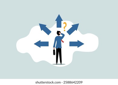 Business decision making, career path, work direction or leadership to choose the right way to success concept, confusing businessman manager looking at some road signs and thinking about where to go.