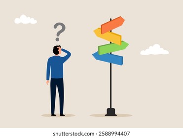 Business decision making, career path, work direction or choose the right way to success concept. Confusing businessman looking at multiple road sign with question mark and thinking which way to go.