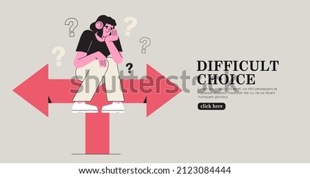 Business decision making, career path, work direction or choose the right way to success concept, confusing woman or student looking at crossroad sign with question mark and think which way to go.