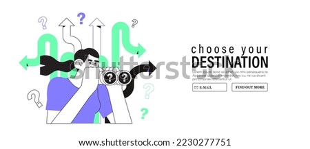 Business decision making, career path, work direction or choose the right way to success concept. Woman or student look in binocular at crossroad signs with question mark and search right way to go.