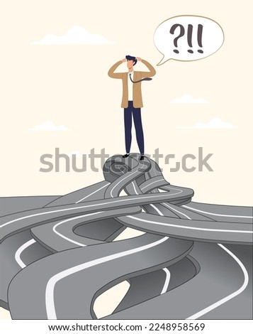 Business decision making  career path work direction. Confused businessman thinking make decision on multiple route ahead.
