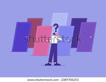Business decision making, career path, work direction or choose the right way to success concept, businessman standing in front of multiple colorful doors and finding right way