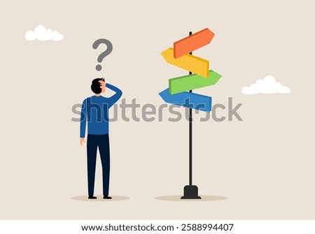Business decision making, career path, work direction or choose the right way to success concept. Confusing businessman looking at multiple road sign with question mark and thinking which way to go.