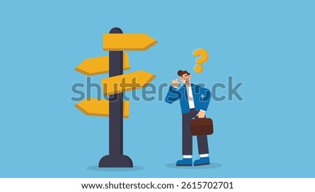 Business decision making, career path, work direction or choose the right way to success concept, confusing businessman looking at multiple road sign with question mark and thinking which way to go