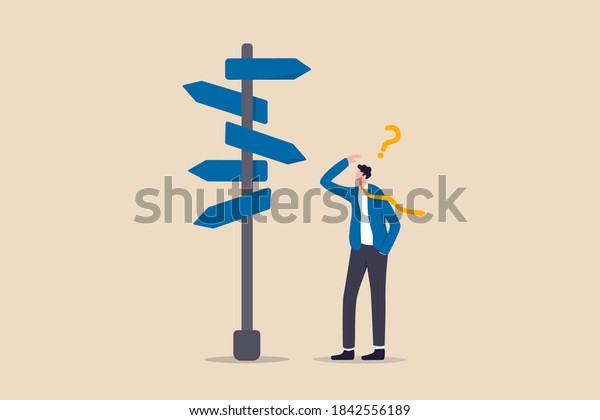 Business decision making, career path, work direction\
or choose the right way to success concept, confusing businessman\
looking at multiple road sign with question mark and thinking which\
way to go.