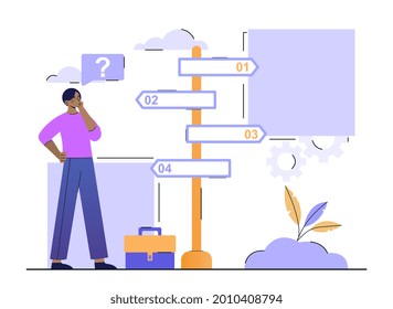 Business decision making concept. Businessman looks at several signs directed in different directions, and thinks which way to choose. Cartoon flat vector illustration isolated on a white background