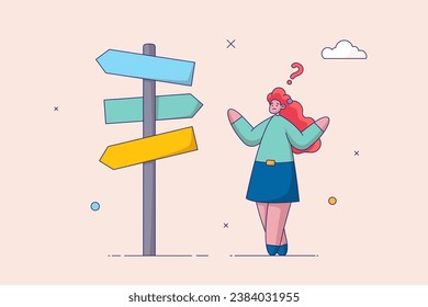 Business decision making concept. Career path, work direction or choose the right way to success. Confusing businesswoman looking at multiple road sign with question mark and thinking which way to go.