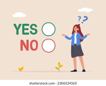 Concepto de toma de decisiones empresariales. Elija sí o no alternativas o opciones, liderazgo para dirigir los negocios hacia el éxito, pensamiento racional de las mujeres de negocios y toma decisiones por cuestiones de negocios o de carrera.