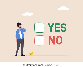 Business decision making concept. Choose yes or no alternative or choices, leadership to direct business to succeed, rational businessman thinking and make decision for business or career question.