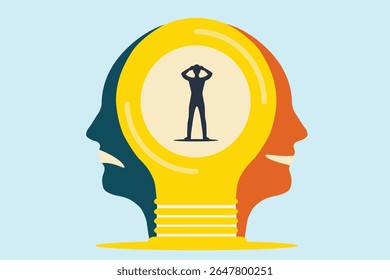 conceito de tomada de decisão empresarial, silhueta da cabeça face com lâmpada, mistura emoção de medo hesitar depressão ansiedade feliz, ilustração vetorial