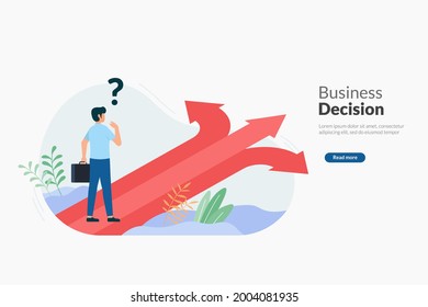 Business decision making confusion tiny person concept. Decide right solution directions for questions dilemma situations. Choice about business work strategy vector illustration.