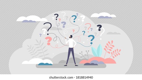 Business decision making doubt about options confusion tiny person concept. Choice about company work strategy vector illustration. Decide right solution directions for questions dilemma situations.