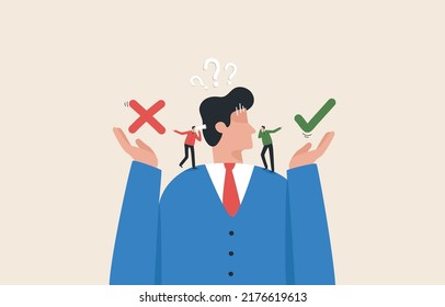 Business decision making.  Doubt about options confusion. Yes or No. Left or right. Businessman chops with making choices and listen to opinions.