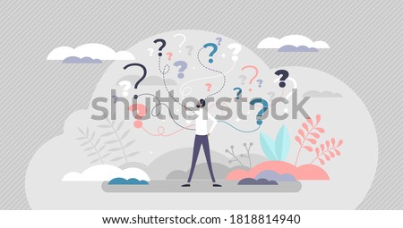 Business decision making doubt about options confusion tiny person concept. Choice about company work strategy vector illustration. Decide right solution directions for questions dilemma situations. [[stock_photo]] © 
