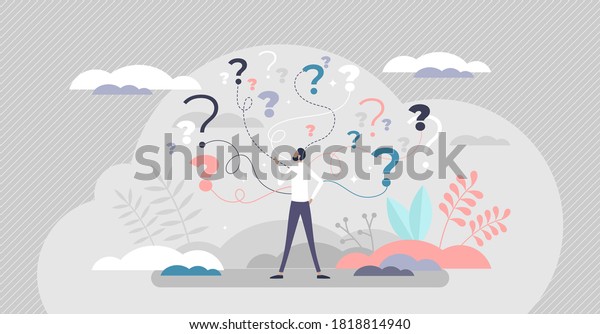 Business decision making doubt about options\
confusion tiny person concept. Choice about company work strategy\
vector illustration. Decide right solution directions for questions\
dilemma situations.