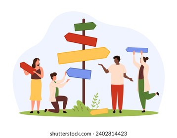 Business decision making, professional career path, success direction and way. Tiny people holding signs for road signposts to choose between left and right arrows cartoon vector illustration