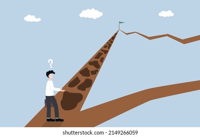 Business Decision Making, Shortcut Way With Many Obstacles To Win Business Or Long Convenient Way, Career Path Concept. Confused Businessman Stopping At Intersection And Thinking Which Way To Go.