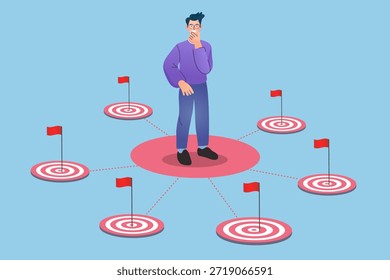 Conceito de estratégia e tomada de decisões empresariais. Homem pensando em escolher o alvo certo entre muitas opções. Ilustração de vetor plano para seleção de oportunidades, meta de marketing e trajetória de carreira.