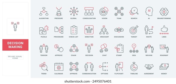 Business decision making in team line icons set. Discussion of office employees to approve idea, procedure or algorithm, communication structure thin black and red outline symbols vector illustration