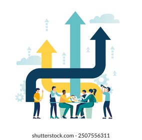 Business decision making, team works on project and decides which way to go makes choice in development of idea. arrows up as graphs of growth and success of company. vector illustration