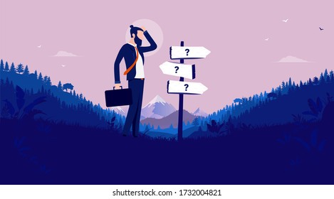 Business Decision - Modern Businessman Standing In Front Of Signpost Showing Different Directions. Career Uncertainty, Choices, And Unknown Future Concept. Vector Illustration.