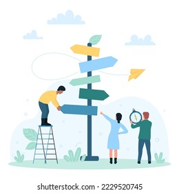 Business decision, options for right choice vector illustration. Cartoon tiny people near road sign with arrows choose path on crossroads, direction of development and career, holding compass