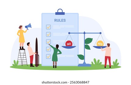 Business decision right and wrong according to rules, policy. Tiny people weigh Yes and No icons on balance scale to choose answer, study list of rules for compliance cartoon vector illustration